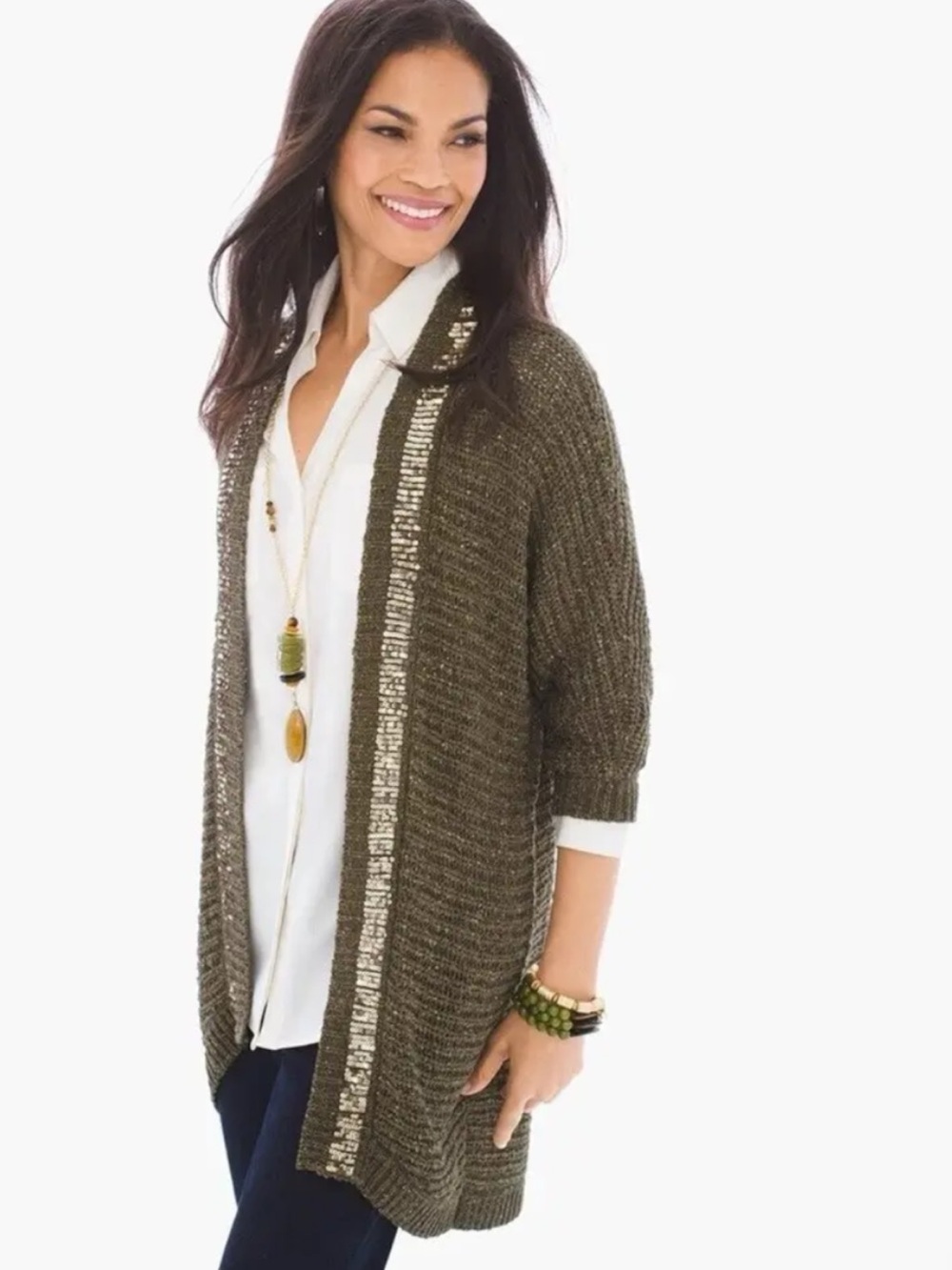 Chico’s Olive Green Sequin Trim Open Front Cardigan Size 3 (16/XL) NWT
